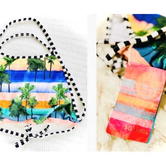 SALINAS | S | High Neck Palm Coral Sunset Bikini Black White Striped Sport Top - Picture 15 of 16